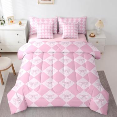 Imagem de Erosebridal Conjunto de edredom infantil kawaii com laço, 7 peças, fantasia de princesa, para decoração de quarto de crianças, meninas, adolescentes, rosa, xadrez, em uma bolsa com lençóis, lindo laço