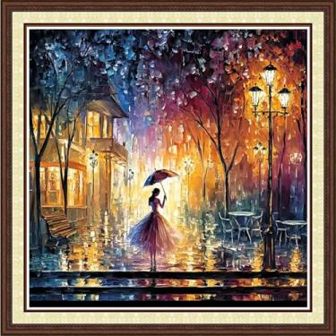 Imagem de Magxvouy Kits de ponto cruz carimbados com uma gama completa de kits de bordado, kits de bordado de ponto cruz para iniciantes, kits impressos de 11 CT e The Rainy Night Girl's Myself 45,7 x 45,7 cm