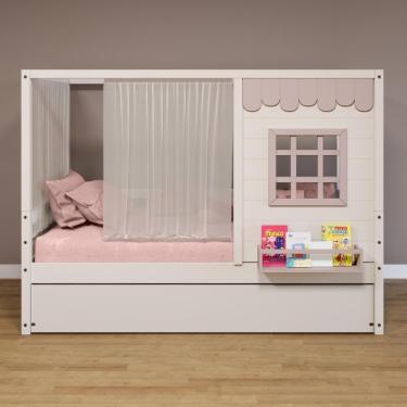 Imagem de Bicama Casinha Reta Com Cortina Madeira Maciça Branco- Rosa Housin