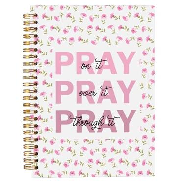 Imagem de Welshower Pray on over Through It Caderno espiral cristão floral rosa, caderno bíblico para anotações, diário de escrituras religiosas, diários de oração para mulheres, 14 x 21 cm