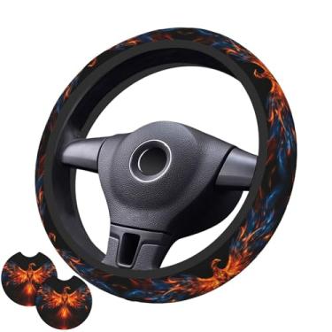 Imagem de Capa de volante Phoenix com 2 porta-copos de carro antiderrapante de neoprene para mulheres e homens, conjunto universal de 38 cm, elegante e prático