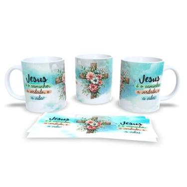 Imagem de Caneca Religiosa com Mensagem de Fé, Porcelana Branca, Arte Dupla Face com Ilustração Cristã e Flores, Presente Inspirador (18070)