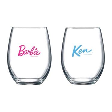 Imagem de Taças de vinho sem haste Barbie e Ken rosa choque e azul com logotipo da Barbie 500 ml - pacote com 2