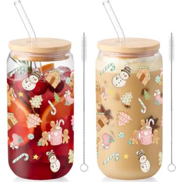Imagem de Sliner 2 peças de copos de vidro de gengibre copo de Natal com tampa, canudo copos de bebida de Natal 473 ml, copo de café gelado com escova de limpeza, copo de lata de cerveja, presentes fofos para