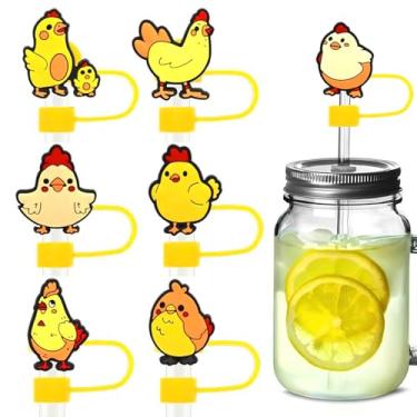 Imagem de 6 peças de tampas de cobertura de palha de frango para copos, protetores de canudos engraçados de PVC de silicone de 10 mm, à prova de poeira, reutilizável, sem BPA, ajuste ecológico para presentes de