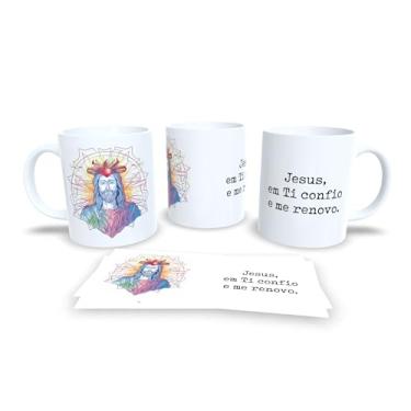 Imagem de Caneca Religiosa com Terço, Com o Terço Renovo Minha Devoção, Porcelana Branca, Design Artístico em Tons Pastéis (13739)