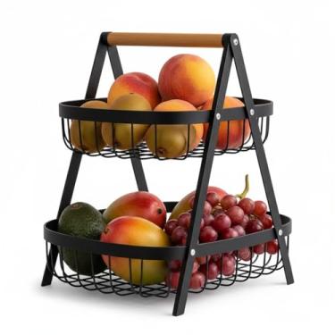 Imagem de Fruteira de Mesa Metal com Alça de Bambu 2 Andares Compacta Moderna Organizador de Frutas Bancada Cozinha Decoração Natural