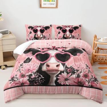Imagem de AILONEN Jogo de cama solteiro fofo de vaca leiteira, desenho animado, rústico, animal de fazenda, 3 peças, para meninas e adolescentes, edredom macio floral rosa com 2 fronhas