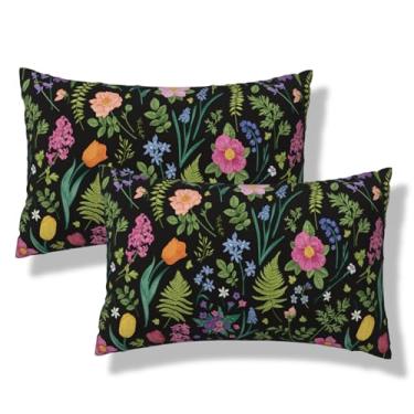 Imagem de VIREOTHIA Conjunto de 2 capas de almofada floral preta para lombar, 30,5 x 50,8 cm, vintage, botânica, decorativa, flor verde, primavera, planta, retangular, capas de almofada para sofá-cama