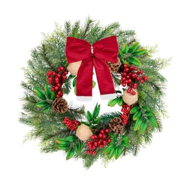 Imagem de Guirlandas de Natal para decoração externa da porta da frente, 50,8 cm, enfeites de bola de linho, ramos de pinheiro, decorações de guirlanda artificial de inverno com laço de veludo para Natal, porta