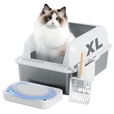 Imagem de CubCore Caixa de areia semi-fechada de aço inoxidável para gatos com pés elevados anti-vazamento XL para gatos grandes, casas multigatos, laterais altas, superfície antiaderente inclui colher de areia