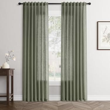Imagem de Cortinas de linho verde-oliva 203 cm de comprimento, conjunto com 2 painéis, cortinas modernas para sala de estar, cortina semitransparente, privacidade, 203 cm de comprimento