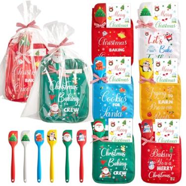 Imagem de 6 conjuntos de suportes de panela de Natal com espátula de silicone de bolso com sacos de embalagem de cartão, luvas de forno de micro-ondas resistentes ao calor para cozinha e presentes de fim de ano