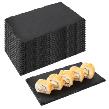 Imagem de 15 tábuas de queijo de ardósia, 19 x 9 tábuas de charcutaria pequenas, travessas de ardósia natural, bandejas de pedra para servir, pratos retangulares para sushi, frutas, carne