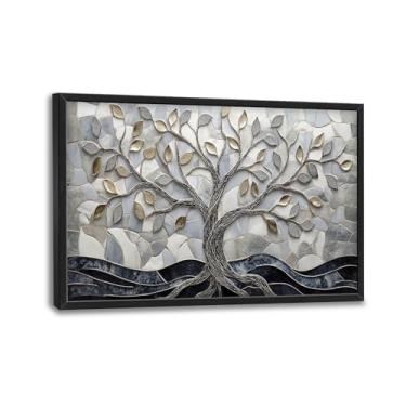 Imagem de Grande árvore cinza e dourada emoldurada arte de parede árvore da vida decoração de parede imagens abstratas impressão pintura arte moderna decoração de casa para sala de estar quarto escritório 91 x