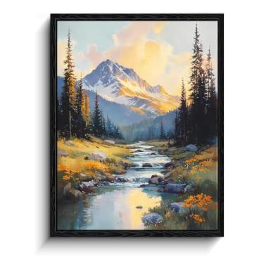 Imagem de Arte de parede Mountain River, riacho alpino do nascer do sol, decoração de parede de paisagem, impressão em tela emoldurada laminada, pôster da natureza, para presente de cabine de quarto, 30 x 38 cm