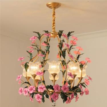 Imagem de Lustre Pastoral Francês com Flores Americanas - Luminária Pendente Decorativa LED para Sala de Estar, Restaurante, Quarto, Villa, Café, Loja de Roupas e Casa (C 8 Lâmpadas)