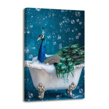 Imagem de ZSHARTSWD Tela de banheiro pavão arte de parede elegância pavão azul na banheira impressão de imagem animal engraçado pintura de banheiro para decoração moderna de banheiro emoldurada (40,6 cm x 61 cm