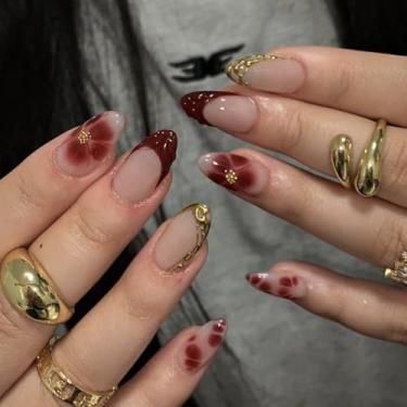 Imagem de Unhas postiças curtas médias amêndoas vermelhas francesas com flor simples Desien cobertura completa cola acrílica falsa em unha para mulheres, 24 peças