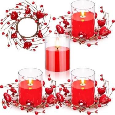 Imagem de Yunlly 4 peças de anéis de grinalda de vela de dia dos namorados, coração vermelho e baga com velas vermelhas LED sem chama, 24 cm de largura para centro de mesa de janelas de casamento no dia dos