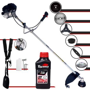 Imagem de Roçadeira Toyama RT43LB25A À Gasolina 43cc 1,7HP 6 Em 1 Com Carretel + Faca 2 Pontas, 3 Pontas, 40 Dentes e 80 Dentes + Escova + ÓLEO TOYAMA 2T FG50