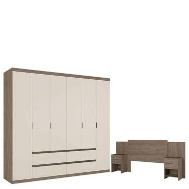 Imagem de Guarda Roupa Casal Nobre 6 Portas Rustic Off White E Cabeceira Com Mesas De Cabeceira Formosa Rustic- Thb