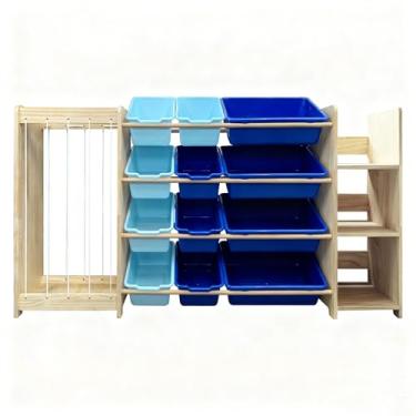 Imagem de Organizador de armazenamento de brinquedos 3 em 1, suporte para animais de pelúcia e estante de livros de 3 camadas, organizador de brinquedos de madeira maciça com 12 caixas de armazenamento