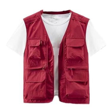 Imagem de Colete De Pesca Verão Para Homem, Colete Cargo Leve Sem Mangas Com Fecho E Malha Respirável Com Vários Bolsos Para Homem, Acampamento Prova Vento Impermeável Fecho, Para Caminhadas(Red,3XL)