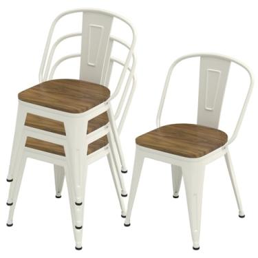 Imagem de Homvinax Conjunto de 4 cadeiras de jantar brancas de 45,7 cm, cadeiras de metal de fazenda com encosto alto e assento de madeira, bancos de bar industriais empilháveis para sala de jantar (branco)