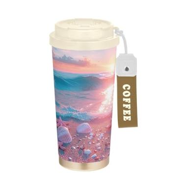 Imagem de SEHANY Caneca de viagem Summer Sea Beach Starfish 482 g Copos de café reutilizáveis revestidos de cerâmica com tampa à prova de vazamento, parede dupla, isolamento a vácuo, copo de café de aço