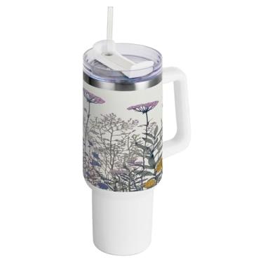 Imagem de xigua Copo vintage de flores silvestres de 1,134 g com alça e canudo, aço inoxidável duplo isolado a vácuo garrafa de água suporte de copo de garrafa de água amigável à prova de vazamento copo de