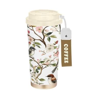 Imagem de SEHANY Caneca de viagem de pássaro colorida de 482 g Copos de café reutilizáveis revestidos de cerâmica com tampa à prova de vazamento, parede dupla, copo de café de aço inoxidável isolado a vácuo