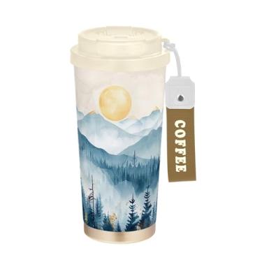 Imagem de SEHANY Caneca de viagem com paisagem de montanha em aquarela de 482 g, copos de café reutilizáveis revestidos de cerâmica com tampa à prova de vazamento, parede dupla, isolamento a vácuo, copo de café