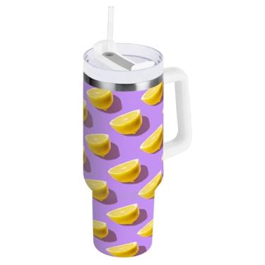 Imagem de Blueangle Copo isolado de 850 g com alça e tampa de canudo - Caneca de viagem de aço inoxidável à prova de vazamento, garrafa de água de limão amarelo a vácuo de parede dupla (120)
