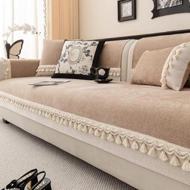 Imagem de Capa de sofá com 3 assentos, capas de sofá antiderrapantes para conjunto de sofá secional com decorações de borla, cáqui, 110 x 110