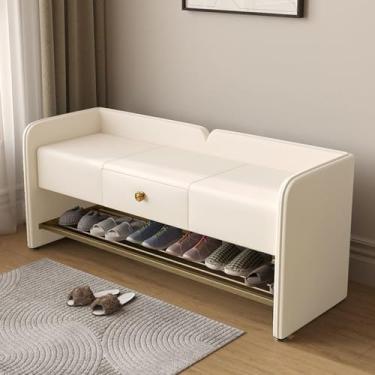 Imagem de Yadlan Banco de sapateira de entrada, banco acolchoado de couro, banco de sapato de base de aço inoxidável com armazenamento para corredor e quarto bege 80 cm