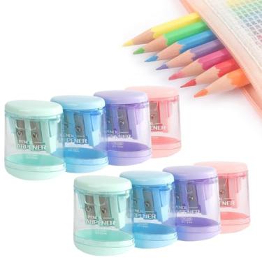 Imagem de Apontador de lápis manual com orifícios duplos compactos, coloridos, para crianças, escola, escritório, pacote com 8