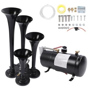 Imagem de Kit de buzina de trem ultra alto, kit de buzinas de ar de 4 trombetas com compressor de 150 PSI para caminhões e carros