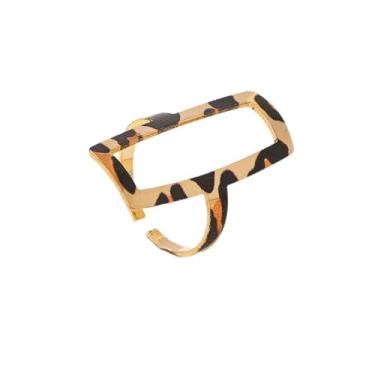 Imagem de Anel geométrico aberto com estampa de leopardo para mulheres, moderno, vintage, dourado, retangular, tartaruga, ajustável, ajuste confortável, coquetel, festa, formatura, casamento, anos 80, 90
