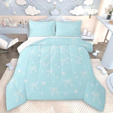 Imagem de Feelyou Conjunto de cama infantil com laço azul, tamanho solteiro, estampa de estrela, edredom com nó de borboleta, nó de borboleta, decoração de quarto