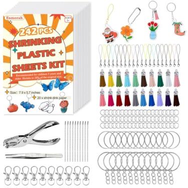 Imagem de Esmorah Kit de chaveiro retrátil de 242 peças - Folhas de plástico retrátil com 20 peças de folhas de papel retrátil + ferramentas, kit de arte termorretrátil DIY para chaveiros, anéis, amuletos e