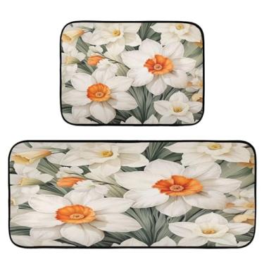 Imagem de Wassud Tapetes de cozinha com padrão floral branco para piso decoração de casa tapetes de cozinha acolchoados antifadiga tapetes de cozinha antiderrapante lavável essencial de cozinha conjunto de 2