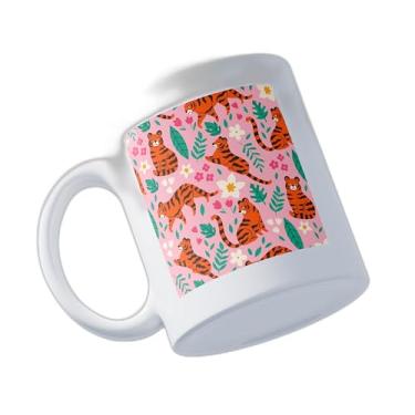 Imagem de Caneca Xícara de Café Porcelana 300ml Rosa com Desenho de Tigres e Flores