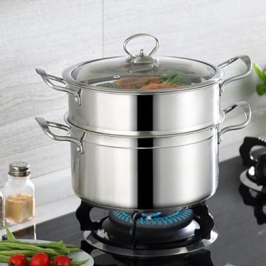 Imagem de Panela de sopa com tampa - Panela de sopa de aço inoxidável, panela de sopa com cesta fumegante, vaporizador doméstico de camada dupla, panela de sopa com tampa de vidro e alça de toque frio para pães