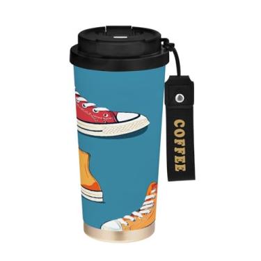 Imagem de STAYTOP Caneca de café de viagem com isolamento térmico de desenhos animados coloridos de 500 ml, copo de café reutilizável de aço inoxidável com tampa flip à prova de vazamento à prova de vazamento