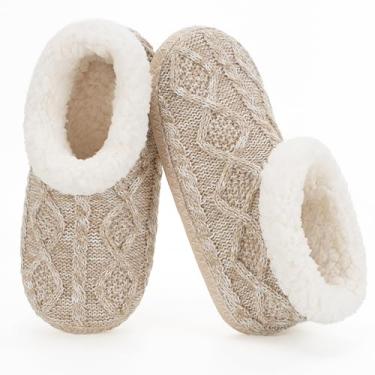 Imagem de cosyone1997 Pantufas femininas de tricô para uso interno, sapatos mocassim macios forrados com lã de ovelha, meias felpudas quentes de inverno para quarto com garras antiderrapantes, presentes aconchegantes exclusivos, Malha bege, 9-10