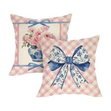Imagem de Fjfz Capas de almofada decorativas com laço de flor rosa rosa 45,7 x 45,7 cm conjunto de 2, coquete floral de porcelana azul e branca chinoiserie decoração de casa, capa de almofada Argyle Farmhouse