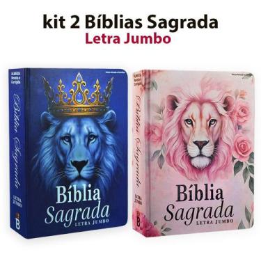 Imagem de Kit 2 Bíblia Sagrada Jumbo c/ Harpa Capa Dura - Leão Azul e Flores Ros