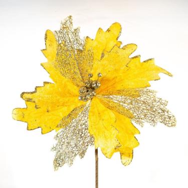 Imagem de Kit 12 Flores Decoração Artificial Natal Brilho Amarela 30cm