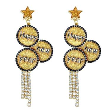 Imagem de Brinco de Feliz Ano Novo para Mulheres Meninas Glitter Bling Strass Estrela Letra Ano Novo Brincos Festivos Joias Presentes, Acrílico Resina, Sem pedra preciosa